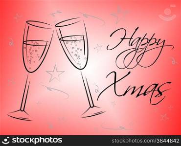 Happy Xmas Glasses Indicating Merry Christmas And Celebration