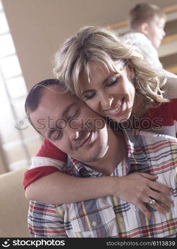 happy young adults portrait at home indoors