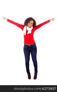 Happy young african woman expressing positivity sign, isolated over white