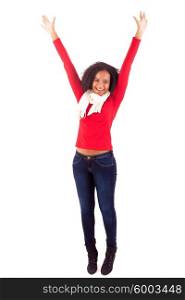 Happy young african woman expressing positivity sign, isolated over white
