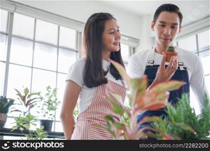 Happy young Asian couple in apron are planting plants in pots and looking after small cactus plant in shop together