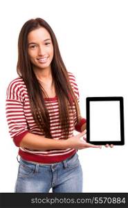 Happy young asian woman presenting your product in a tablet computer