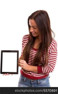 Happy young asian woman presenting your product in a tablet computer