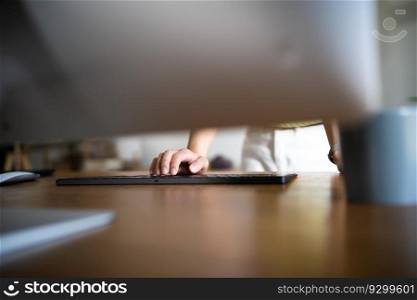 Happy young Asian Woman working on computer Business Data Analyst.