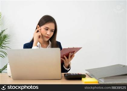 Happy young Asian women startup entrepreneur happy conference with partner for check paperwork before sign business contact, happy girl on the workplace. Distance learning online education and work.