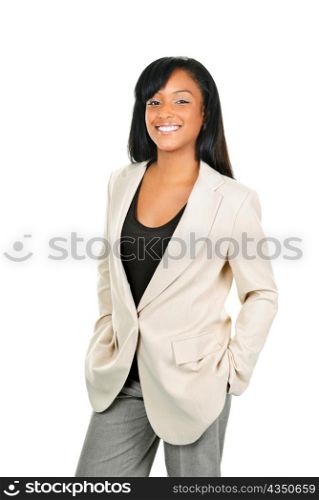 Happy young black businesswoman standing isolated on white background