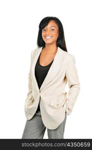 Happy young black businesswoman standing isolated on white background