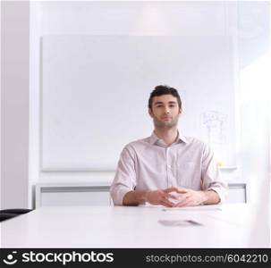 happy young business man portrait at modern meeting office indoors