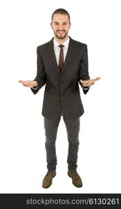 happy young businessman full length, isolated on white