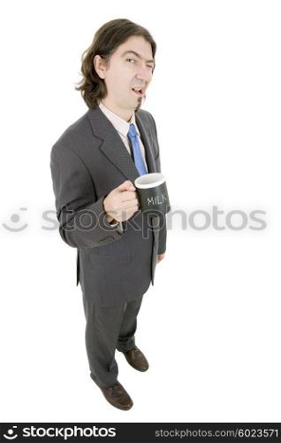 happy young businessman full length with a cup of tea, isolated