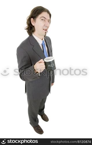 happy young businessman full length with a cup of tea, isolated