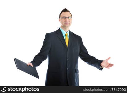 happy young businessman in business suit portrait isolated on white background