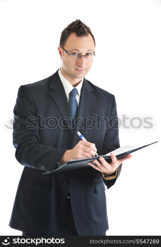 happy young businessman in business suit portrait isolated on white background