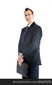 happy young businessman in business suit portrait isolated on white background