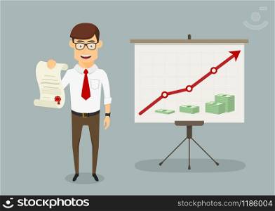 Happy young businessman received diploma or certificate for successfully sales increase, for presentation themes design. Cartoon flat style. Businessman received diploma for sales increase