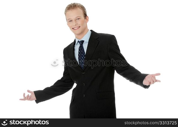 Happy young businessman standing, isoalted on white background
