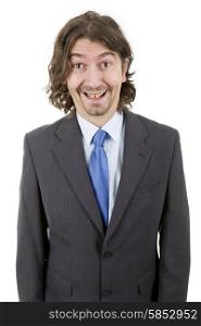 happy young businessman with silly face, isolated on white