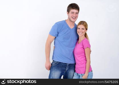 happy young casual couple portrait isolated on white background