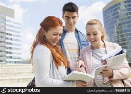Happy young college students studying outdoors