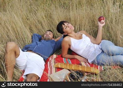 happy young couple enjoying picnic on the countryside in the field and have good time