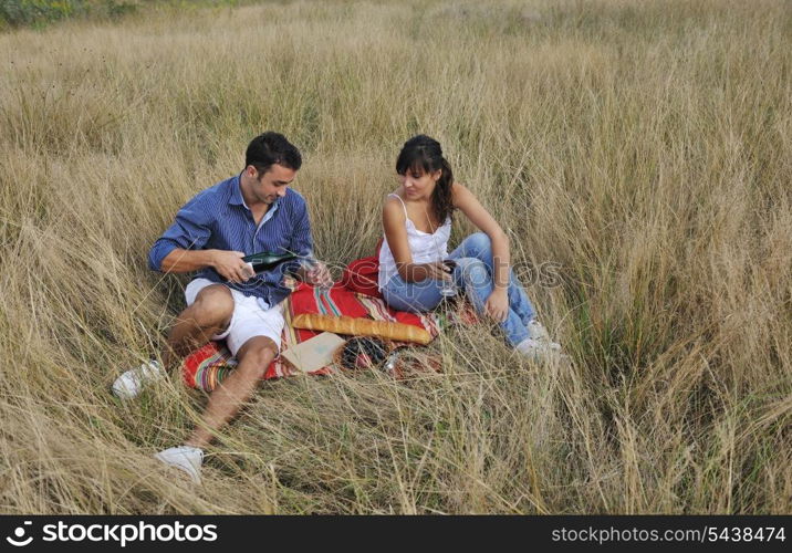 happy young couple enjoying picnic on the countryside in the field and have good time