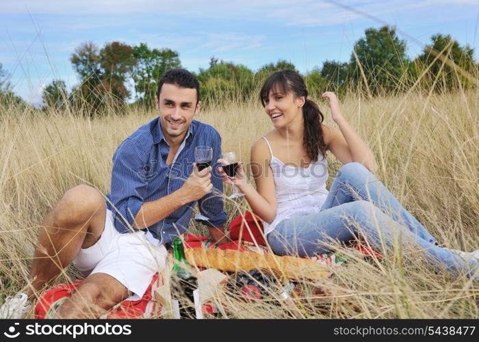 happy young couple enjoying picnic on the countryside in the field and have good time