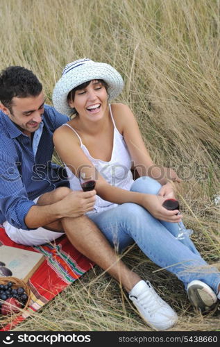 happy young couple enjoying picnic on the countryside in the field and have good time