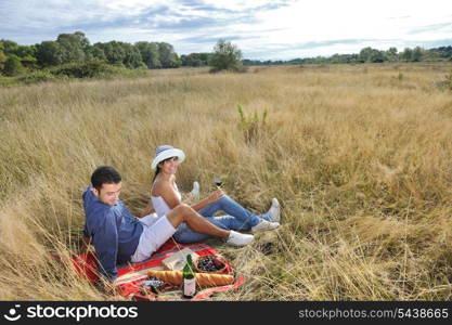 happy young couple enjoying picnic on the countryside in the field and have good time