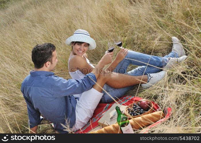 happy young couple enjoying picnic on the countryside in the field and have good time