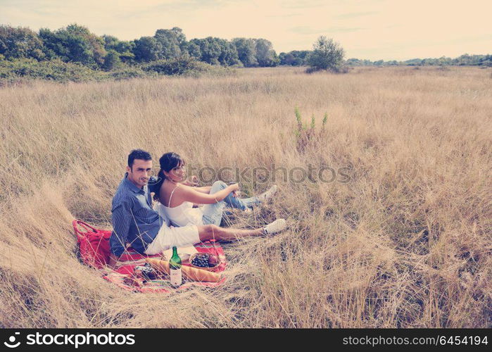 happy young couple enjoying picnic on the countryside in the field and have good time