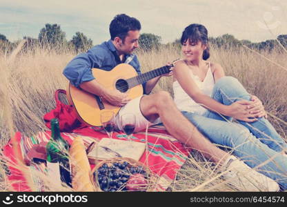 happy young couple enjoying picnic on the countryside in the field and have good time