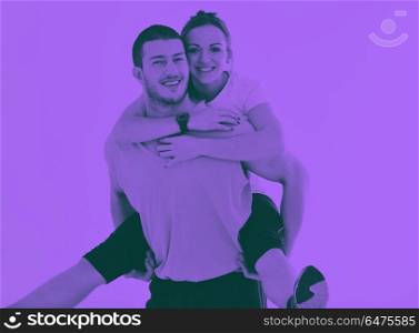 happy young couple fitness workout and fun. happy young couple fitness workout and fun at sport gym club duo tone