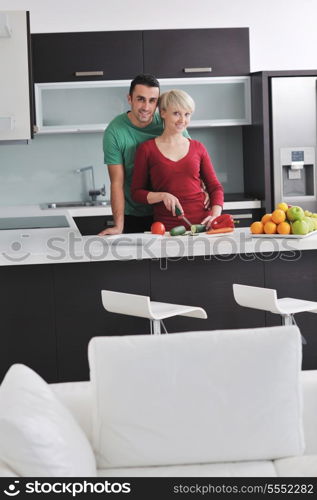 happy young couple have fun in modern kitchen indoor while preparing fresh fruits and vegetables food salad