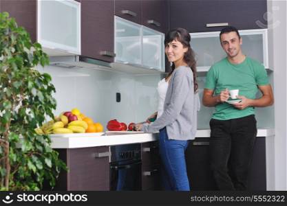 happy young couple have fun in modern kitchen indoor while preparing fresh fruits and vegetables food salad