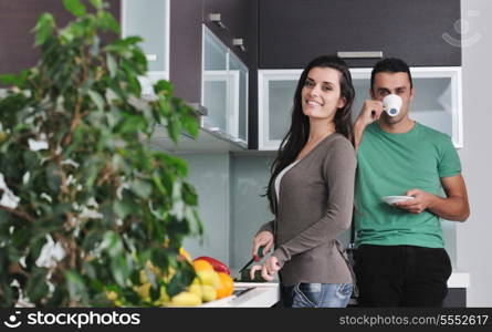 happy young couple have fun in modern kitchen indoor while preparing fresh fruits and vegetables food salad