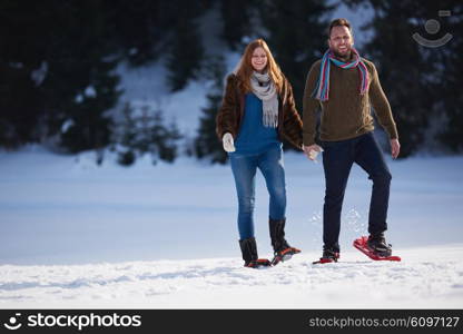 happy young couple having fun and walking in snow shoes. Romantic winter relaxation scene