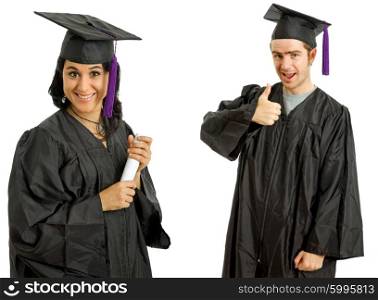 happy young couple on graduation day, isolated on white