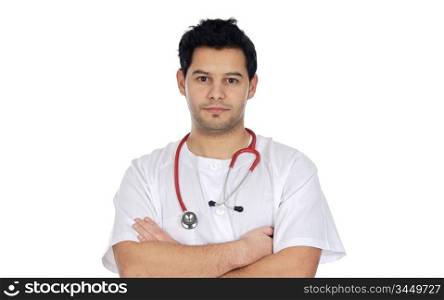 Happy young doctor a over white background