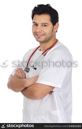 Happy young doctor a over white background
