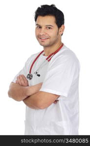 Happy young doctor a over white background