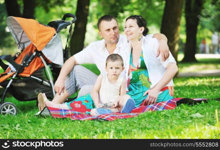 Happy young Family at park relaxing and have fun with pregnant woman