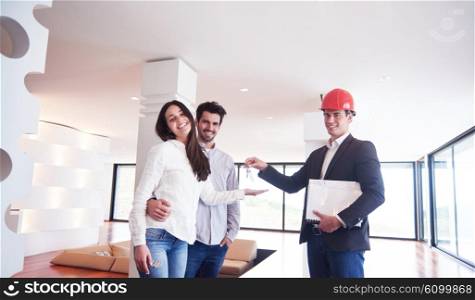 happy young family, couple buying new home with real estate agent, people group interior