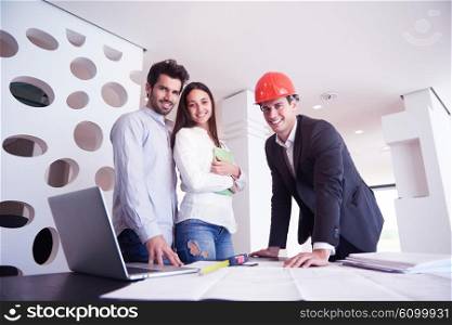 happy young family, couple buying new home with real estate agent, people group interior