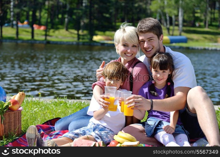 Happy young family playing together with kids and eat healthy food in a picnic outdoors