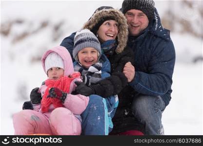 happy young family portrait on winter vacation while sitting sledge at landscape with fresh falling snow
