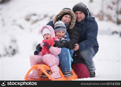 happy young family portrait on winter vacation while sitting sledge at landscape with fresh falling snow