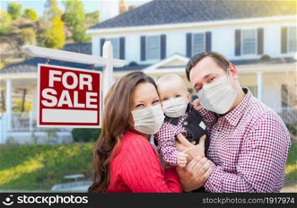 Happy Young Family Wearing Medical Face Masks In Front of New House and Sold For Sale Sign.