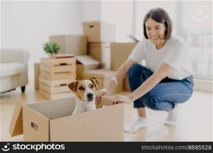 Happy young female house owner poses near cartboard box with favourite pet, have fun during day of relocation, poses in living room with stacks of carton containers with personal belongings.