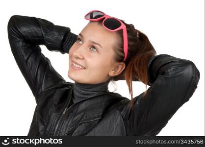happy young girl in a black leather jacket isolated on white