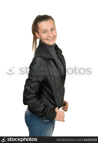 happy young girl in a black leather jacket isolated on white